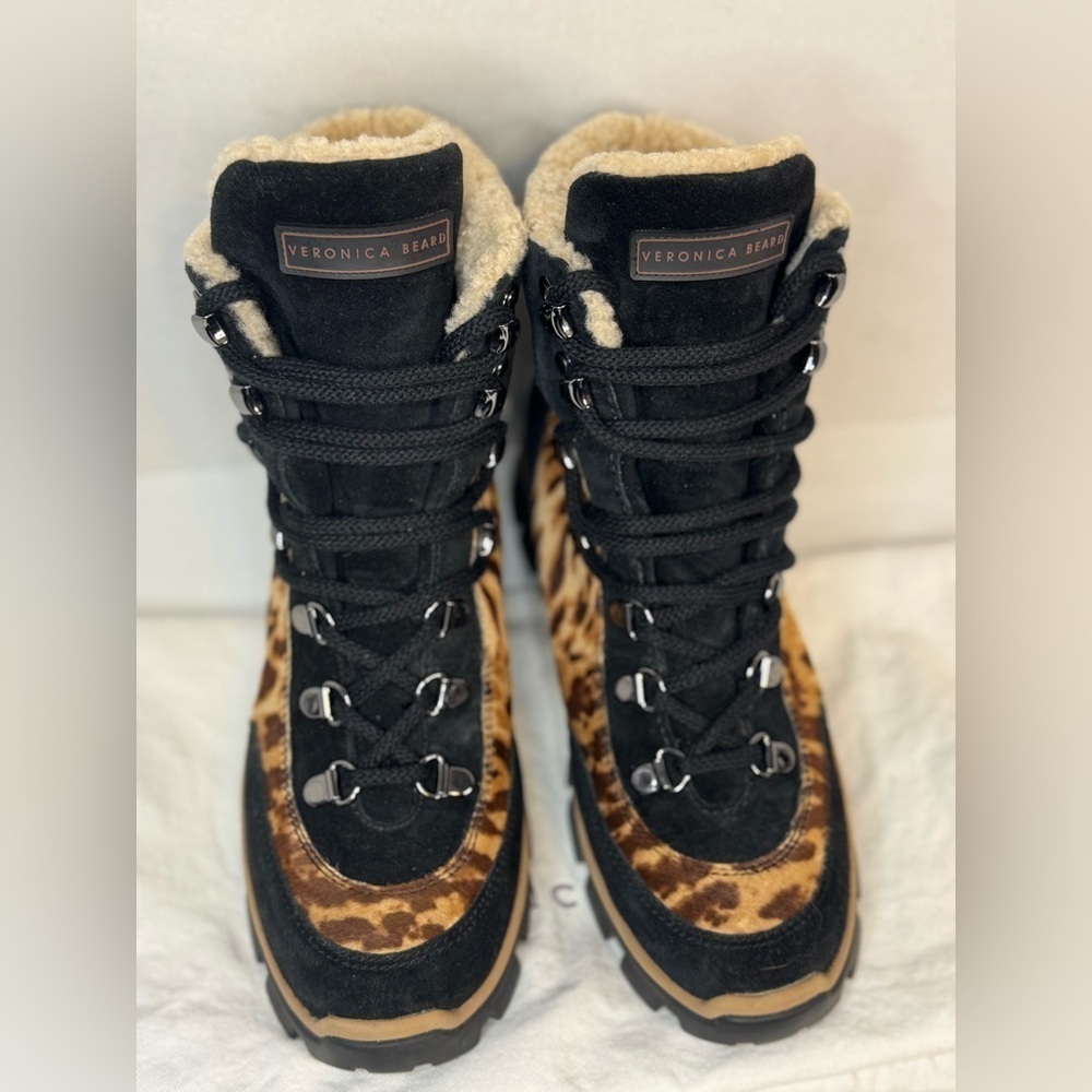 Veronica Beard Galina Leopard Print Leather Workwear Barn Boots Size 7.